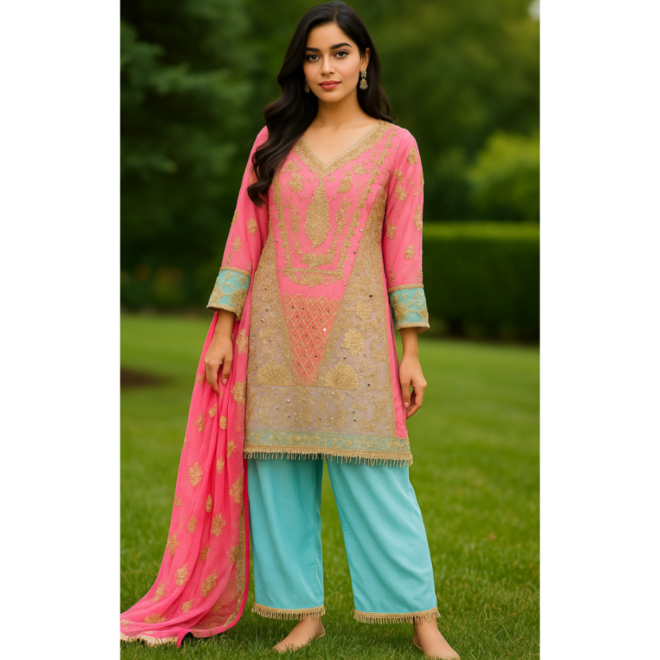 Festlicher Salwar Kameez in Rosé und Türkis – aufwendig bestickt, handverziert, Grösse 40