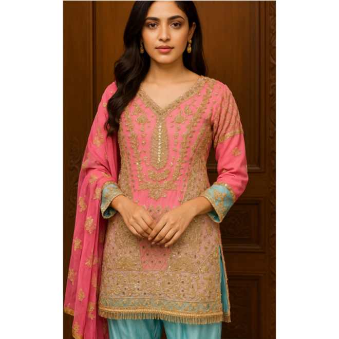 Festlicher Salwar Kameez in Rosé und Türkis – aufwendig bestickt, handverziert, Grösse 40