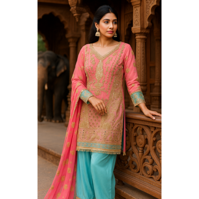 Festlicher Salwar Kameez in Rosé und Türkis – aufwendig bestickt, handverziert, Grösse 40