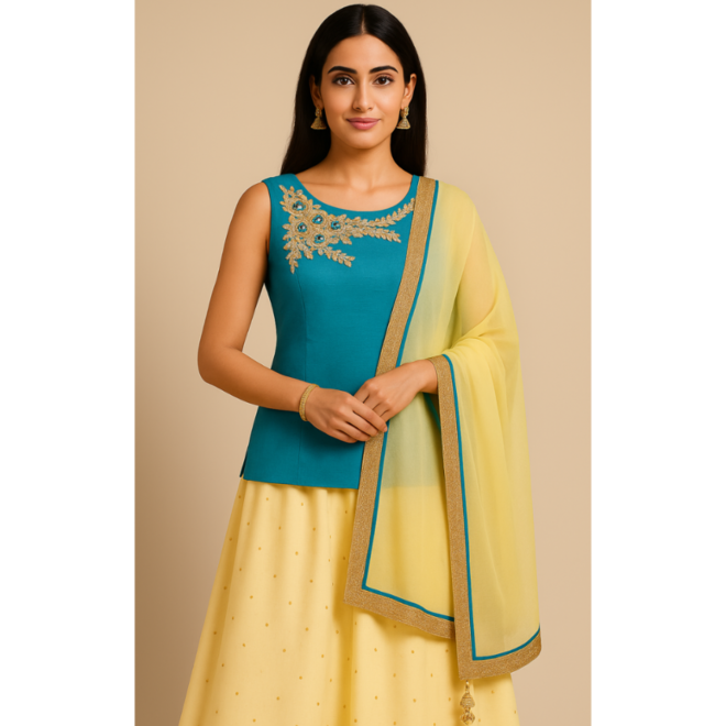 Sehr eleganter Lehenga Choli in Beige & Türkis – tragfertig genäht