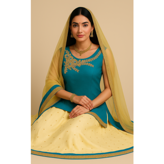 Sehr eleganter Lehenga Choli in Beige & Türkis – tragfertig genäht