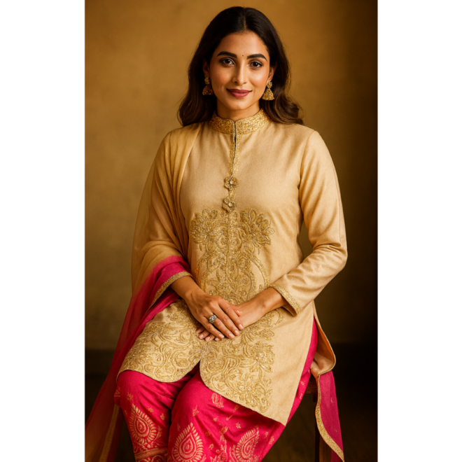 Salwar Kameez in Beige & Pink – wie Smokingjacke