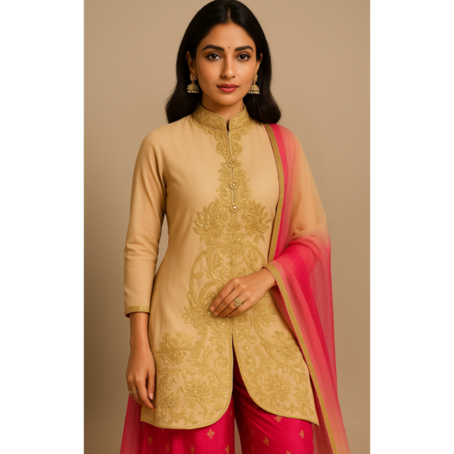 Salwar Kameez in Beige & Pink – wie Smokingjacke