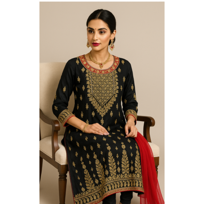 Bestickter Salwar Kameez in Schwarz & Rot