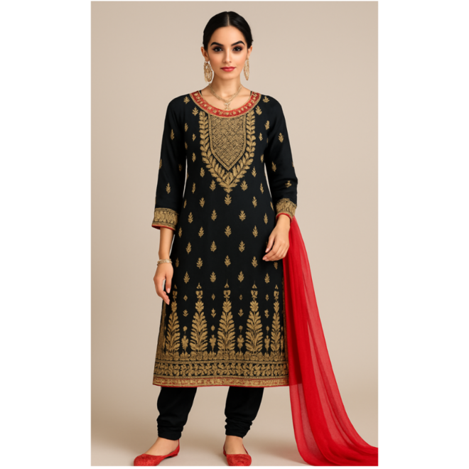 Salwar Kameez Schwarz-Rot mit goldener Stickerei Gr. 42