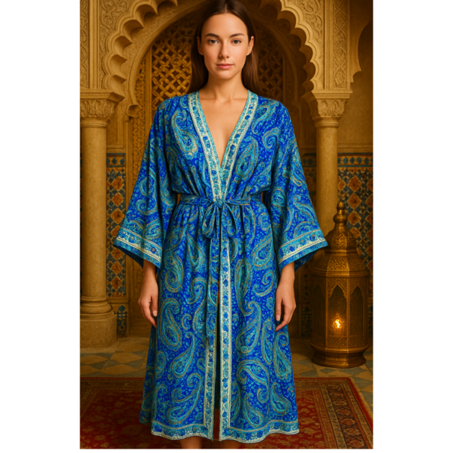 Kimono in Blautönen – Handgefertigt aus indischen Saris, stilvoll & elegant