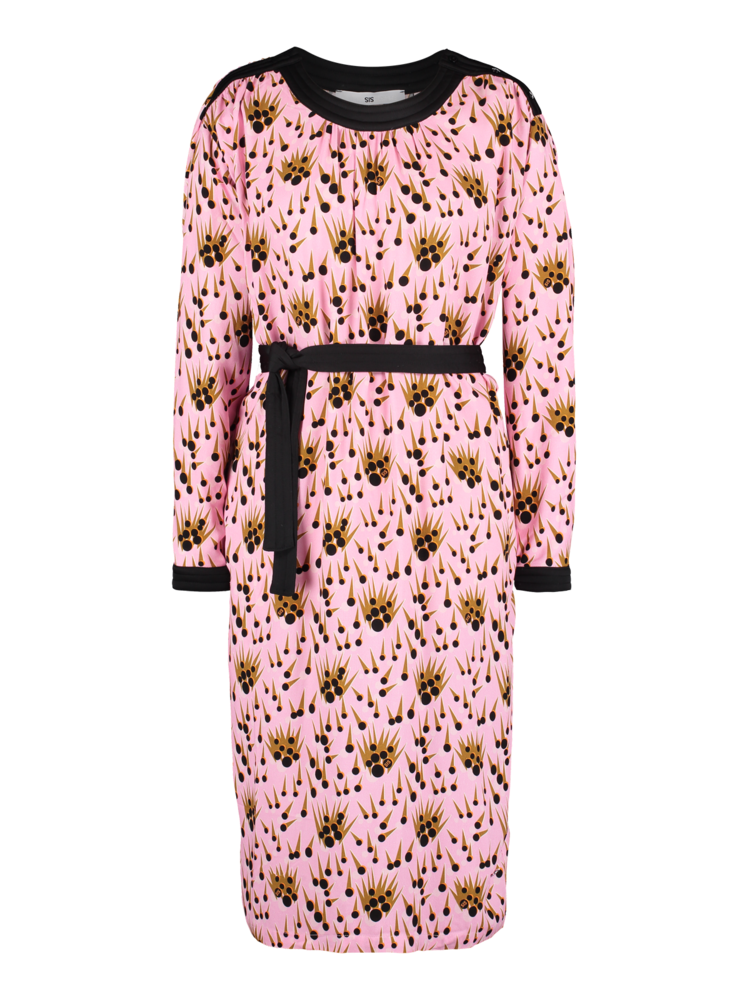 Dress with bow belt and pink shiny dot print