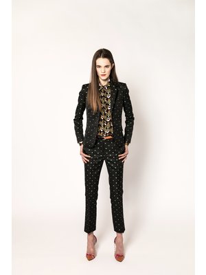 flared trouser jacket with woven flower