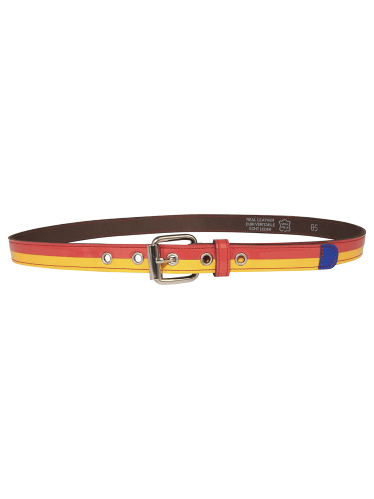 SIS by Spijkers en Spijkers Horizontal striped belt in red and yellow patent leather with blue tip