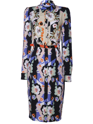 fitted dress with puff sleeves and floral motif