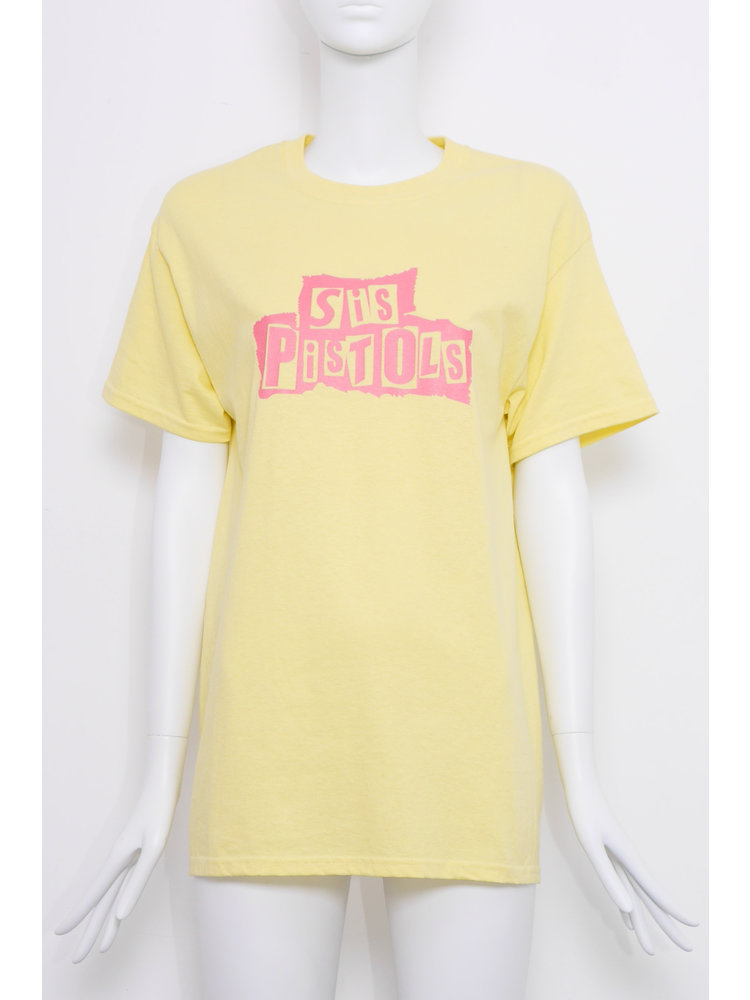 T-shirt citroen met pink SIS pistols print