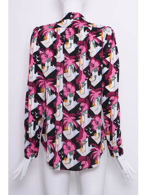 SIS by Spijkers en Spijkers Blouse with round collar and puff sleeves in fuchsia COCKETOO print