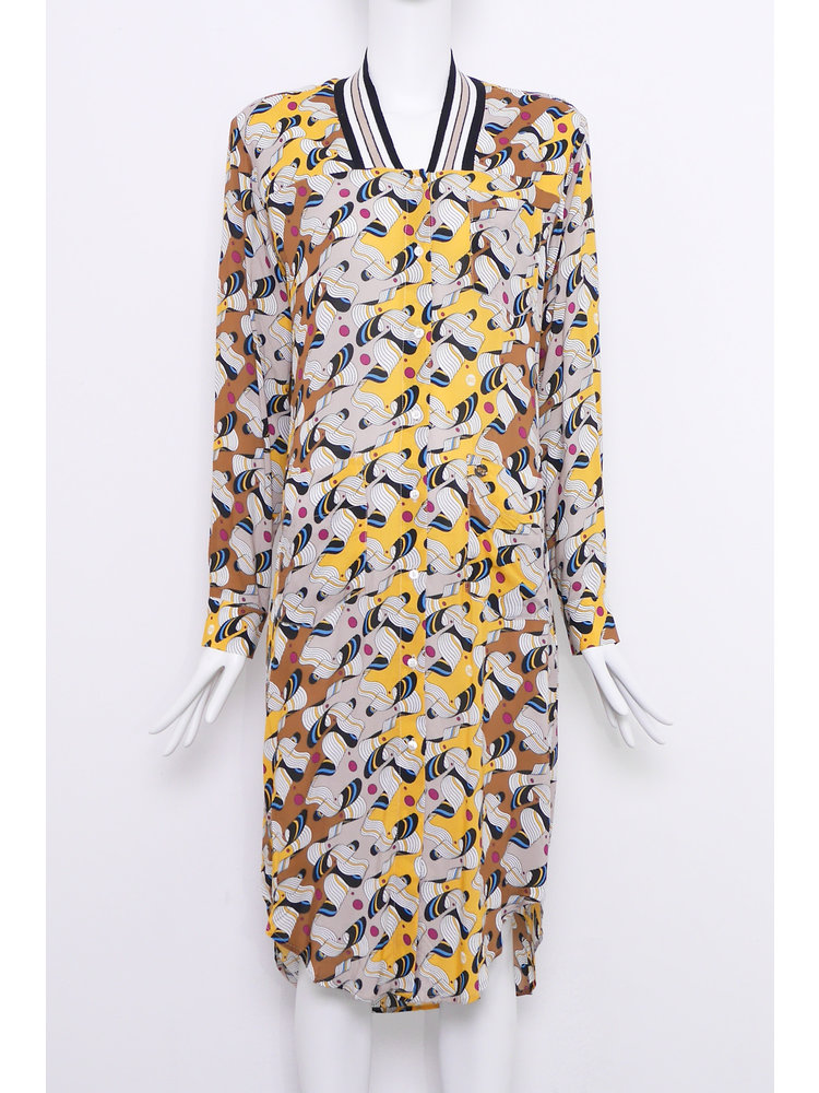 SIS by Spijkers en Spijkers Straight button down dress with tricot cuff in yellow-beige-brown RIBBON print