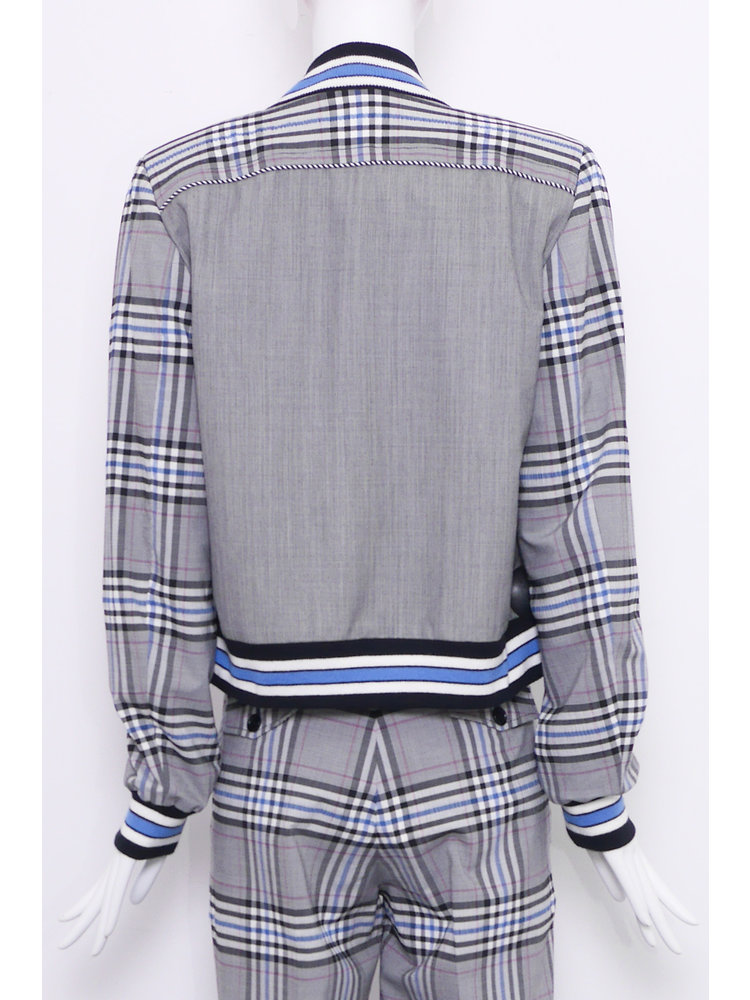 College jacket in blue grey check with striped cuffs
