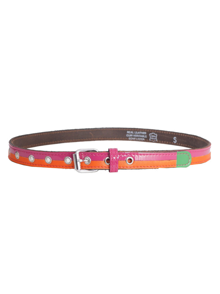 SIS by Spijkers en Spijkers Horizontal striped belt in fuchsia and orange leather with green tip