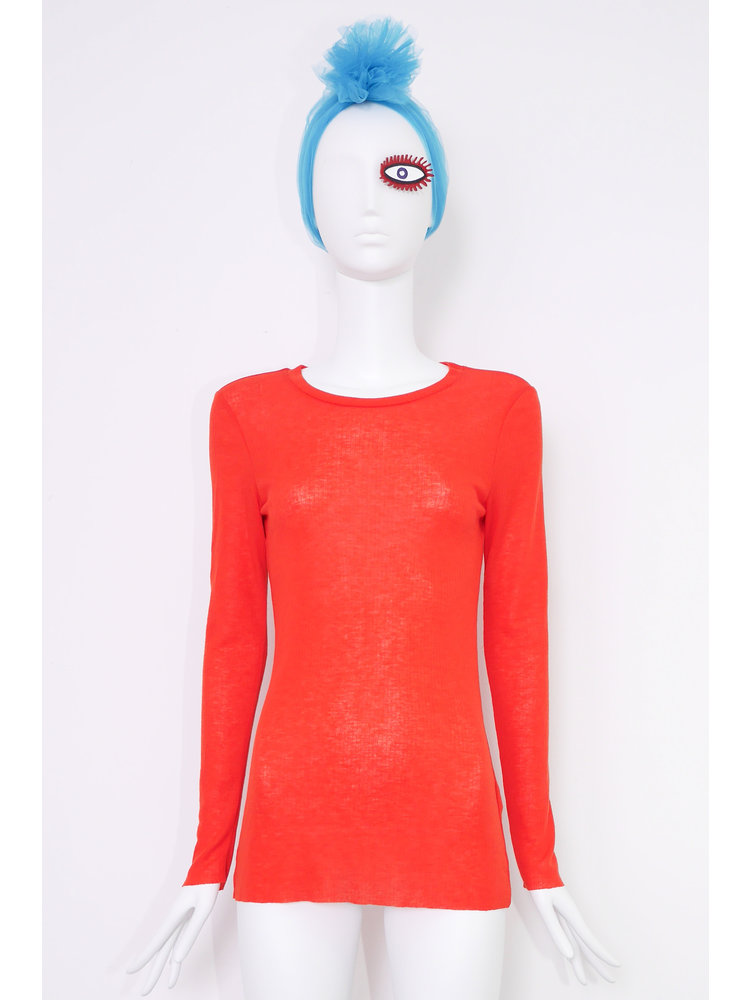 SIS by Spijkers en Spijkers Oranje-rood T-shirt met lange mouw in fijne  Wol-Tencel rib jersey