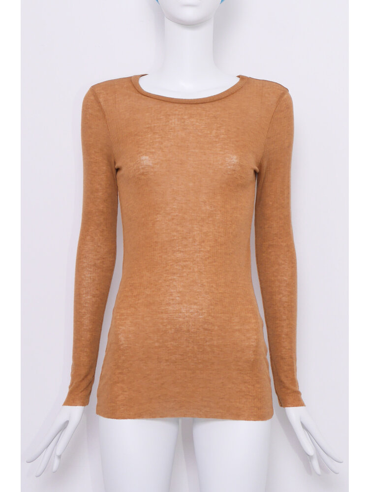 SIS by Spijkers en Spijkers Caramel T-shirt with long sleeve in fine Wool-Tencel rib jersey