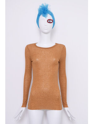 SIS by Spijkers en Spijkers Caramel T-shirt met lange mouw in fijne  Wol-Tencel rib jersey