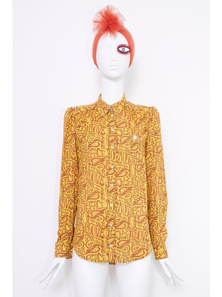 SIS by Spijkers en Spijkers Blouse with round collar and puff sleeve  in yellow LOVE BIRD print