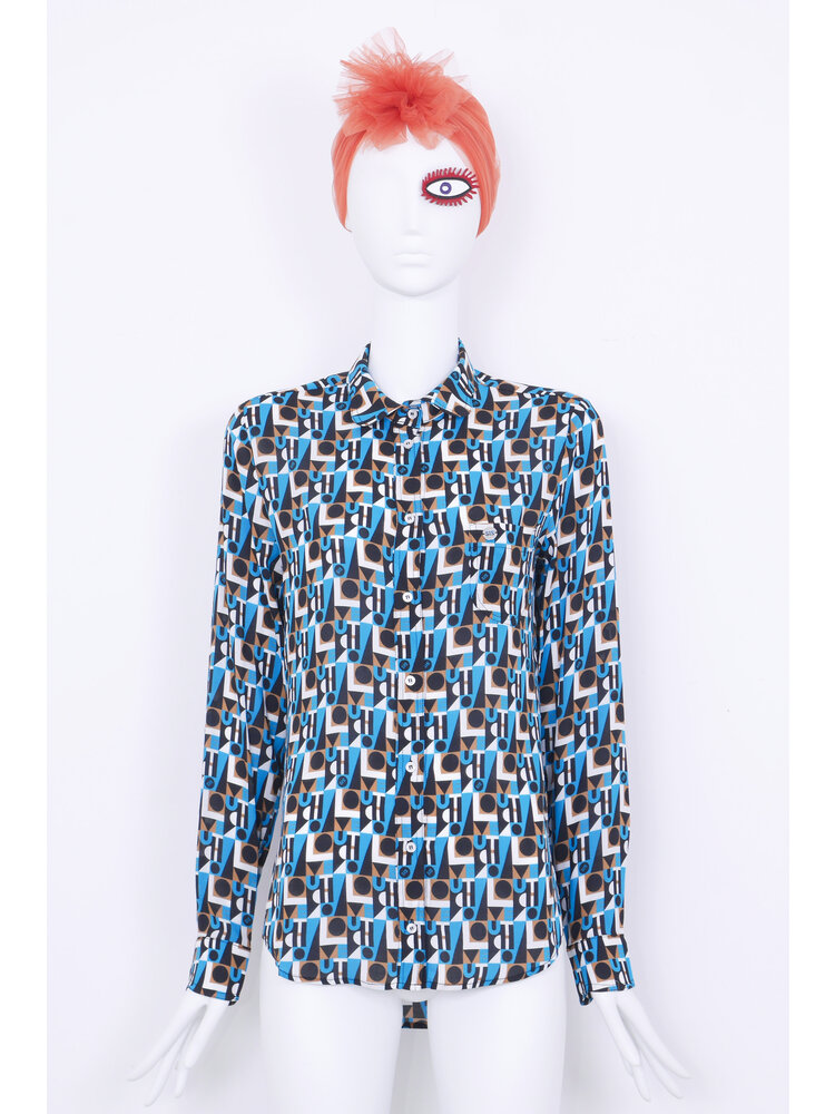 SIS by Spijkers en Spijkers blouse with cloud shape collar and cuffs in graphic blue revolution print
