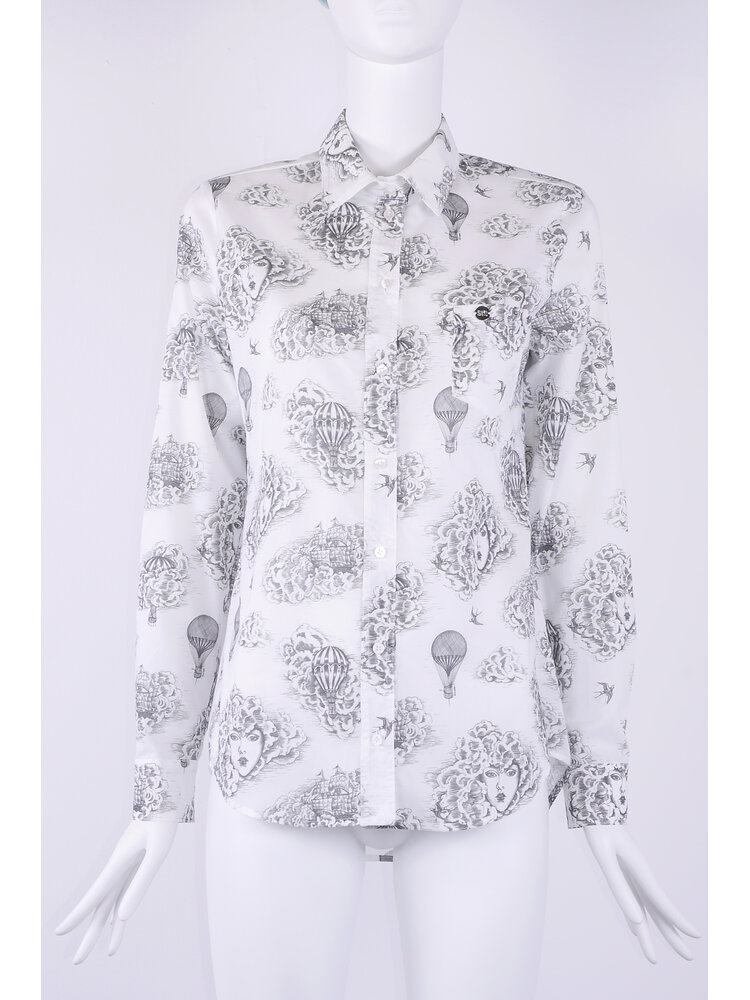 Katoenen blouse wit met zwarte cloud travel  print