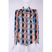 viscose blouse met ronde kraag in rood-blauwe harlequin print