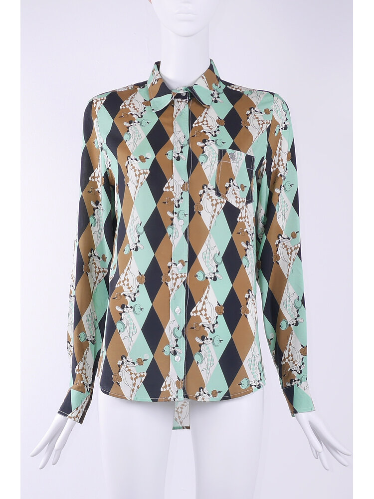 SIS by Spijkers en Spijkers Klassieke viscose blouse met groen-bruine harlequin print