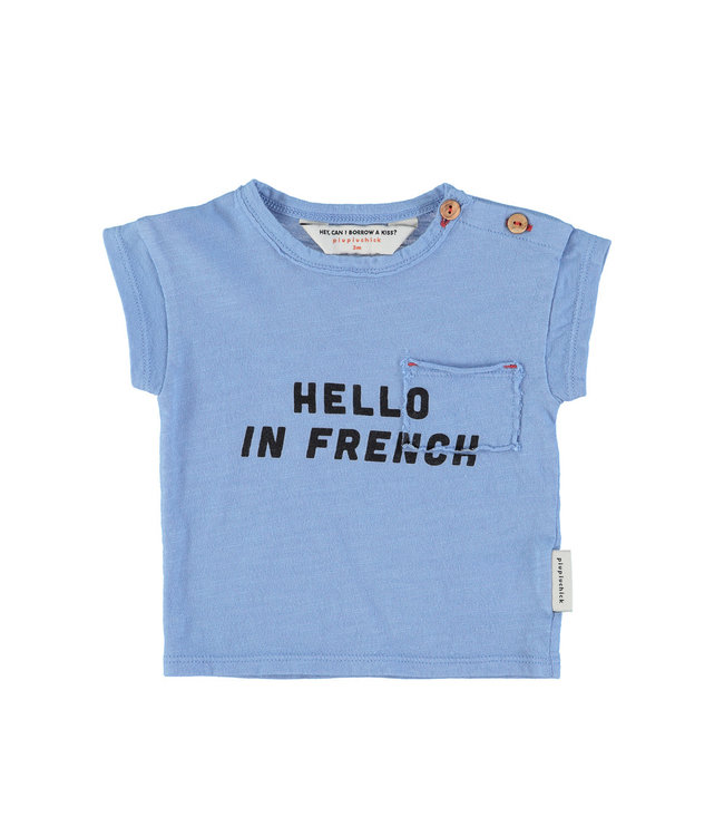 Piupiuchick T'shirt | blue w/ "hello in french" print