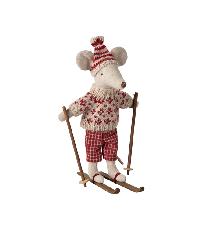 Maileg Winter mouse with ski set, Mum - Red
