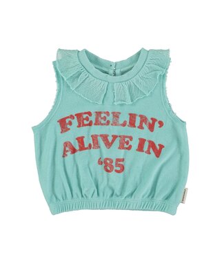 Piupiuchick sleeveless top w/collar | blue w/ "feelin' alive" print