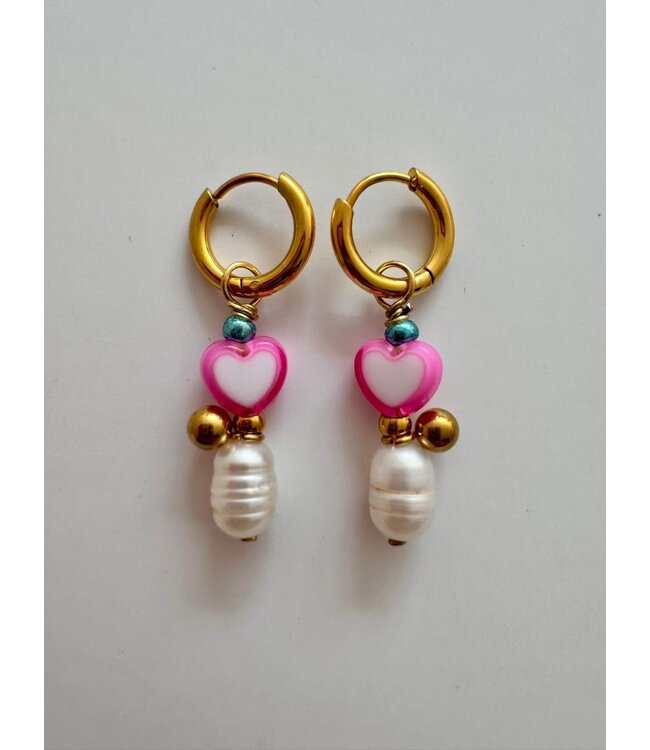 ByMelo Oorbellen hart/parel pink