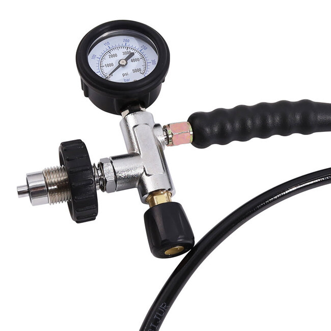 Scuba Support Compressor vulaansluiting DIN 200/300 met slang, manometer 7/16-20UNF