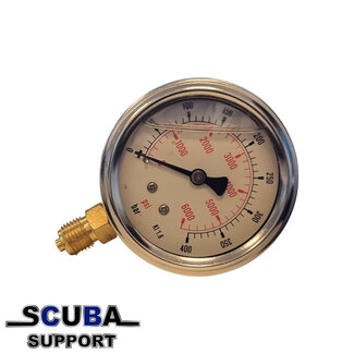 Scuba Support Manometer 60 mm – 400 bar / psi – 1/4″ PF Glycerine gevuld