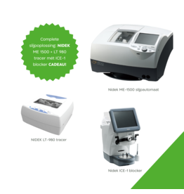 Nidek Bij aankoop van de NIDEK ME-1500 slijpautomaat en LT-980 tracer ontvang je de Nidek ICE-1 blocker cadeau