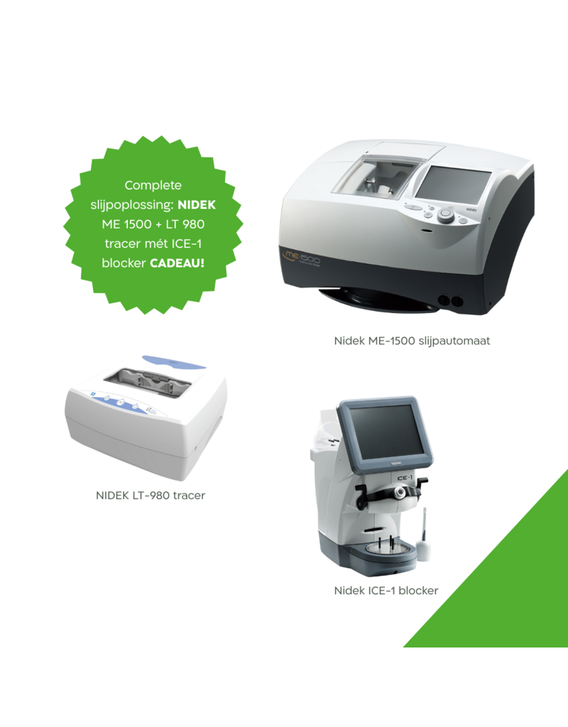 Nidek Zonnige Combi Deal; ontvang een Nidek ICE-1 blocker cadeau bij aanschaf van de Nidek ME-1500 slijpautomaat en Nidek LT-980 tracertracer