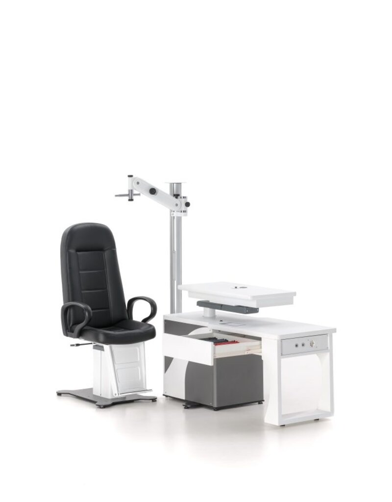 FISO refractieunit Easyvisus RM64 met lade, in hoogte verstelbaar2- instumentenblad en joystick. Blad kan roteren of schuiven
