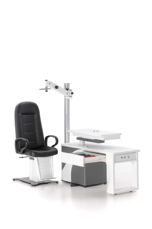 FISO refractieunit Easyvisus RM64 met lade, in hoogte verstelbaar2- instumentenblad en joystick. Blad kan roteren of schuiven