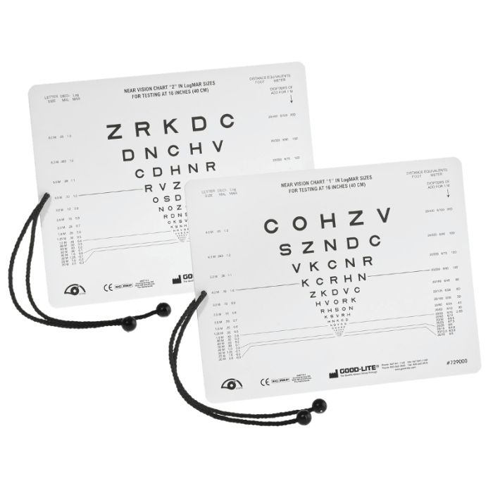 SLOAN letters visuskaart – dubbelzijdige near vision kaart met koord (0.05 – 2.00 op 40 cm, 20.3 x 25.4 cm)