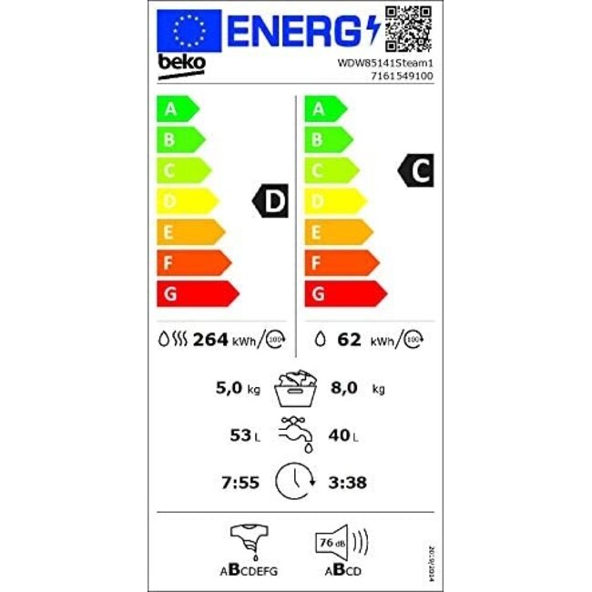 Beko WDW85141Steam1 wasdroogcombinatie 8/5 kg