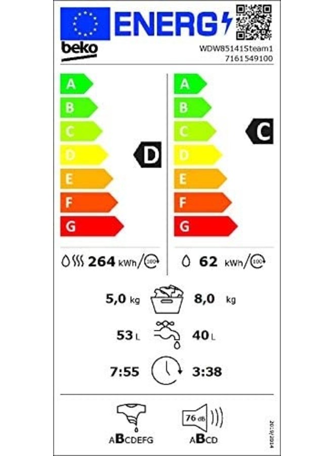 Beko WDW85141Steam1 wasdroogcombinatie 8/5 kg
