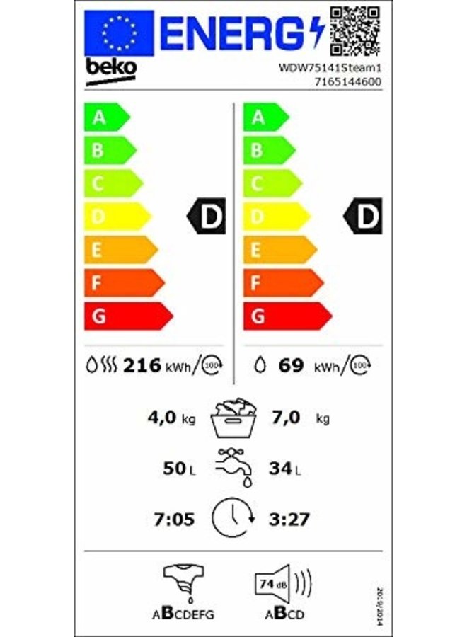 Beko WDW75141Steam1 wasdroogcombinatie 7/4 kg