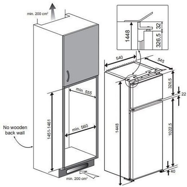 Beko BDSA250K3SN inbouw koelvriescombinatie 145 cm