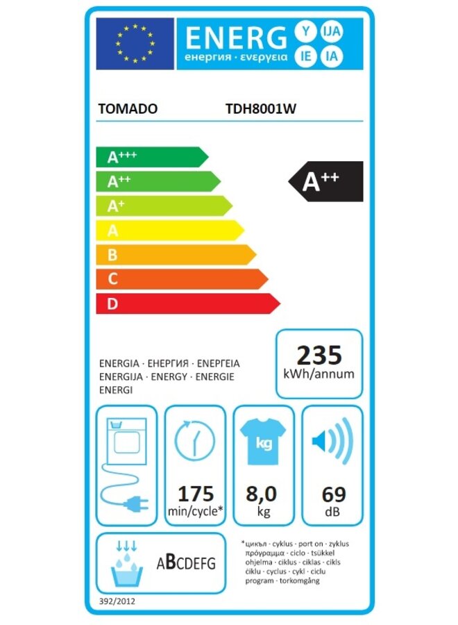 Tomado TDH8001W warmtepompdroger 8 kg A++