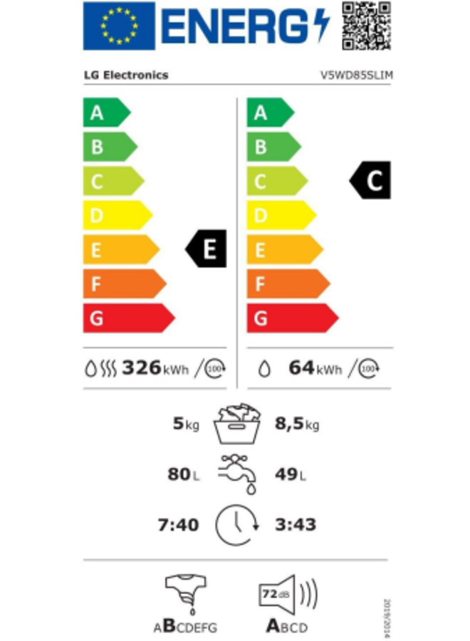 LG V5WD85SLIM wasdroogcombinatie 8/5 kg