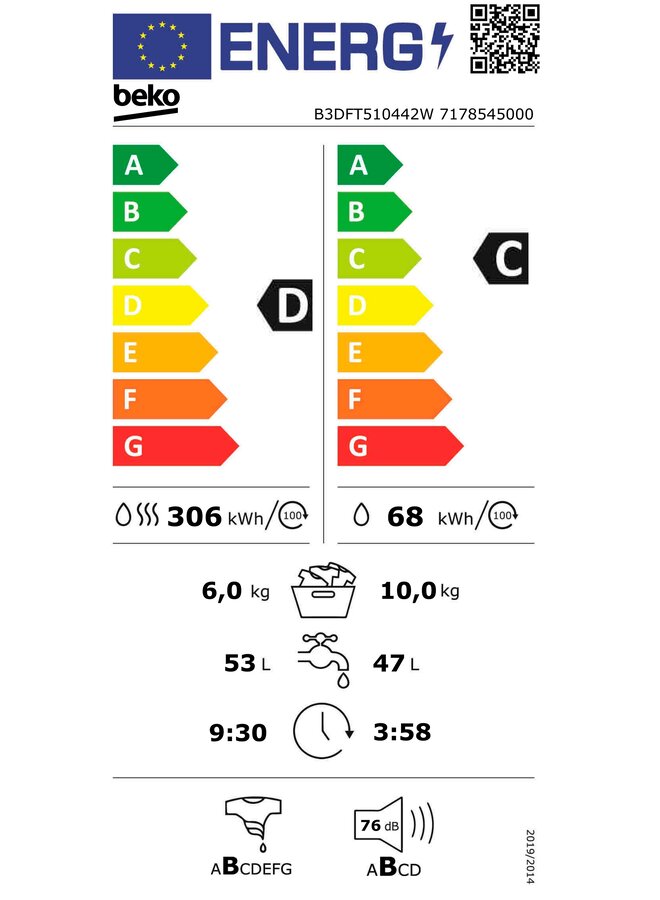 Beko B3DFT510442W wasdroogcombinatie 10 - 6 kg