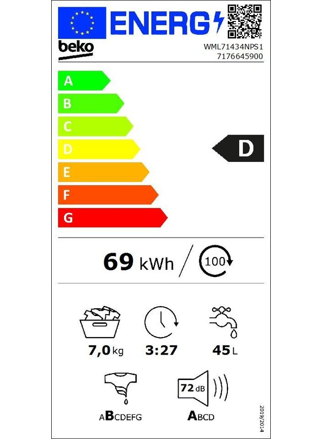 Beko WML71434NPS1 wasmachine SteamCure