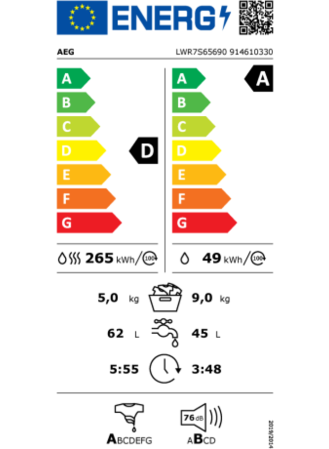AEG LWR7S65690 wasdroogcombinatie 9/5 kg Zwart
