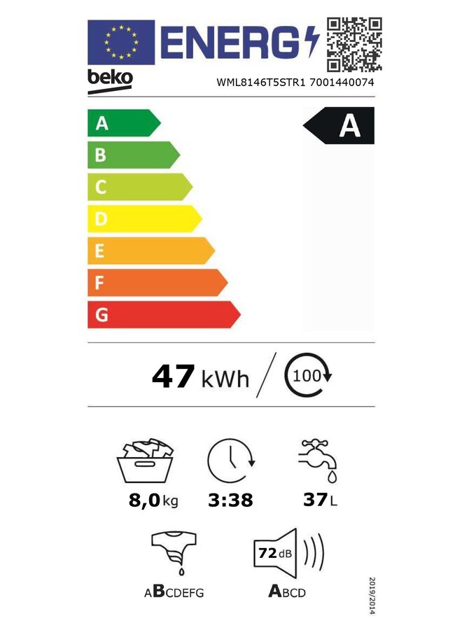 Beko WML8146T5STR1 wasmachine 8kg SteamCure