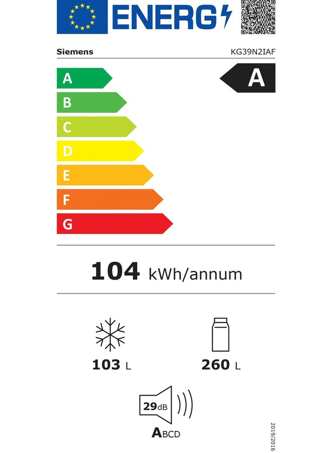 Siemens KG39N2IAF koelvriescombinatie Energielabel A