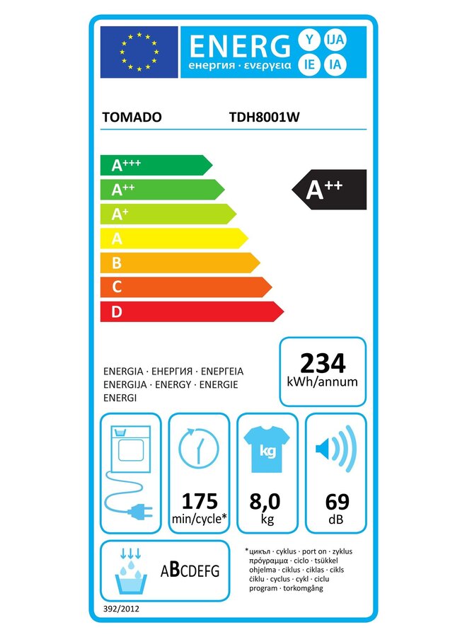 Tomado TDH8001W warmtepompdroger 8 kg A++